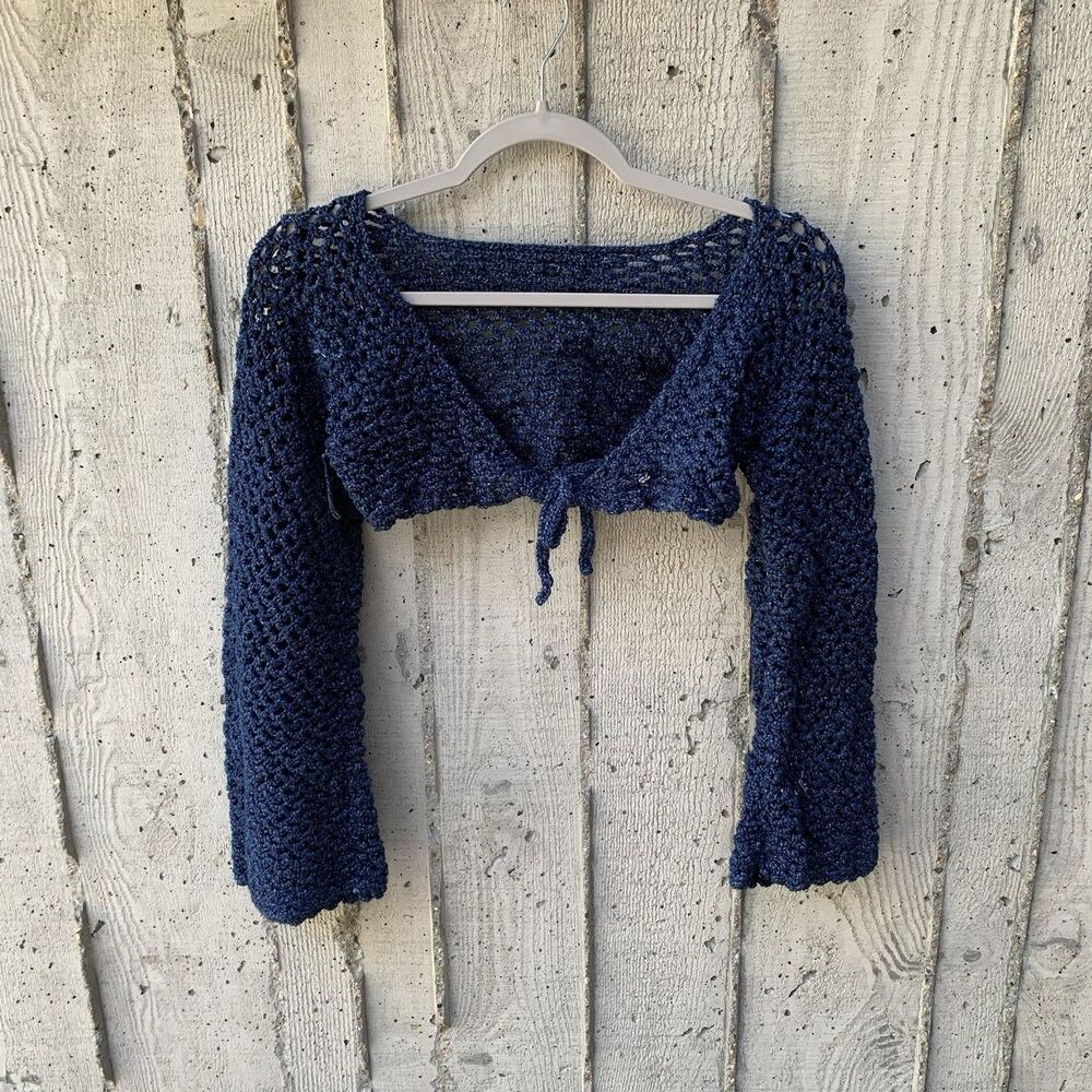 Handmade Navy Blue Bell Sleeve Cropped Crochet Open Knit Tie Front Shrug XS/S